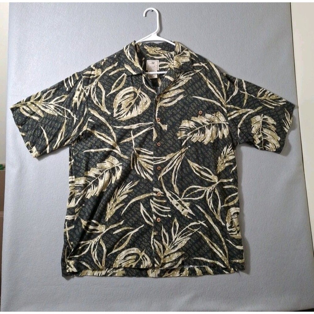 Luau Hawaiian Shirt Mens Large Floral Palms  Hoop Collar Camp Spun Rayon EUC